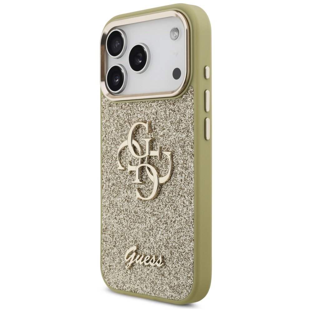 iPhone 17 Pro Guess Fixed Glitter Big 4G Metal Frame dėklas – auksinis 1 iPhone 17 Pro Guess Fixed Glitter Big 4G Metal Frame dėklas – auksinis 1