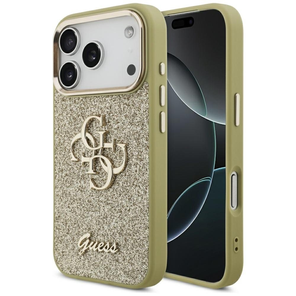 iPhone 17 Pro Guess Fixed Glitter Big 4G Metal Frame dėklas – auksinis
