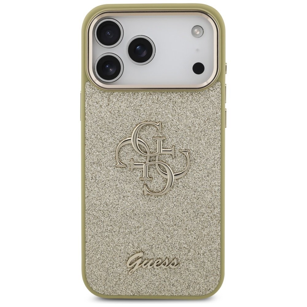 iPhone 17 Pro Max Guess Fixed Glitter Big 4G Metal Frame dėklas – auksinis 2 iPhone 17 Pro Max Guess Fixed Glitter Big 4G Metal Frame dėklas – auksinis 2