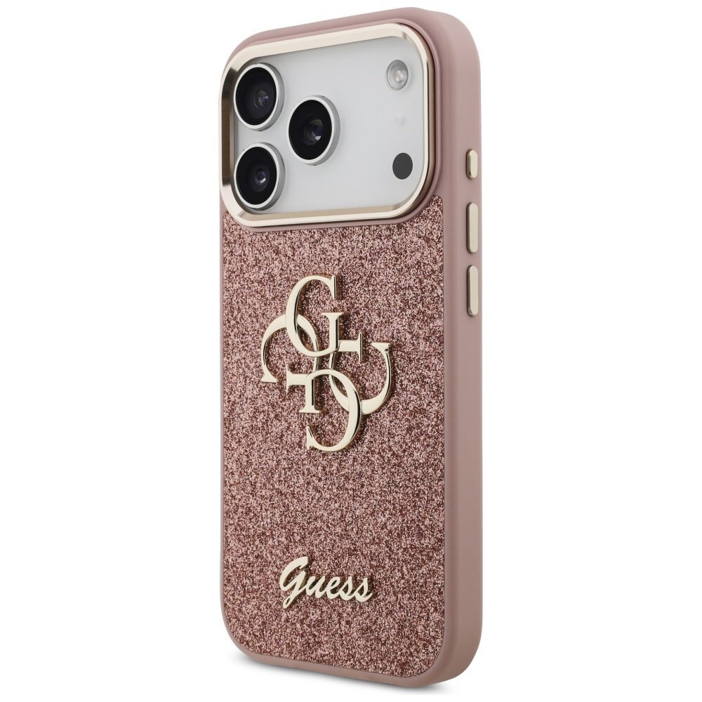 iPhone 17 Pro Guess Fixed Glitter Big 4G Metal Frame dėklas – rožinis 1 iPhone 17 Pro Guess Fixed Glitter Big 4G Metal Frame dėklas – rožinis 1