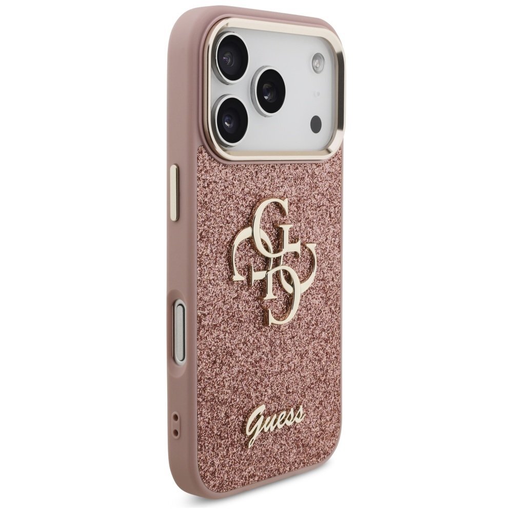 iPhone 17 Pro Guess Fixed Glitter Big 4G Metal Frame dėklas – rožinis 3