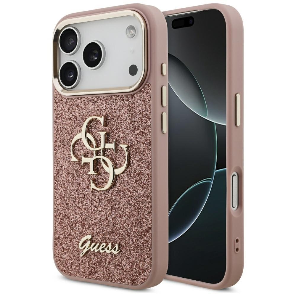 iPhone 17 Pro Guess Fixed Glitter Big 4G Metal Frame dėklas – rožinis
