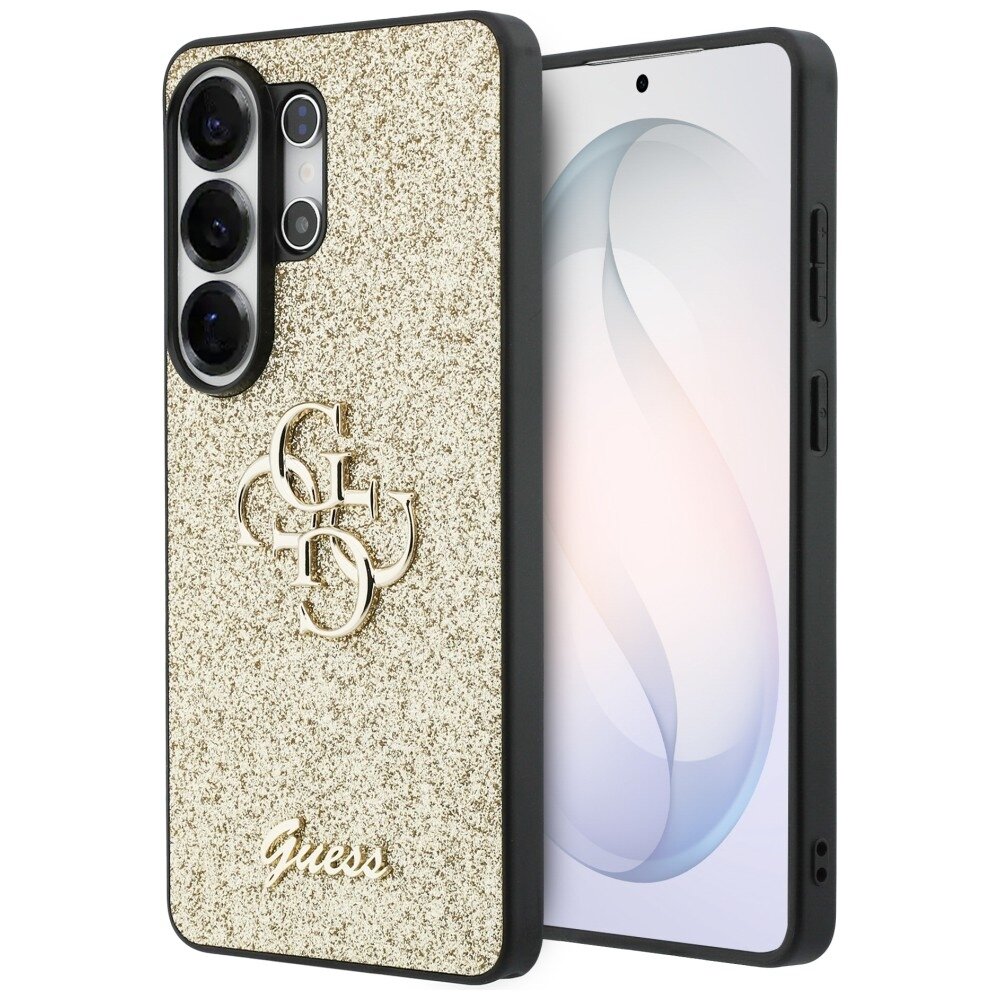 Samsung Galaxy S26 Ultra Guess Fixed Glitter Big 4G Metal Logo dėklas – auksinis