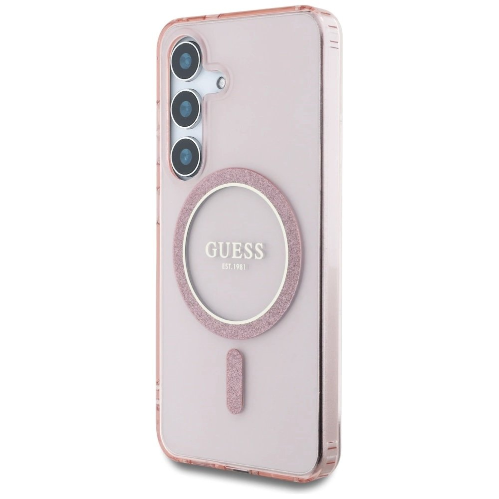Samsung Galaxy S25 – Guess Glitter Circle Classic Logo MagSafe dėklas - Rožinis 1 Samsung Galaxy S25 – Guess Glitter Circle Classic Logo MagSafe dėklas - Rožinis 1