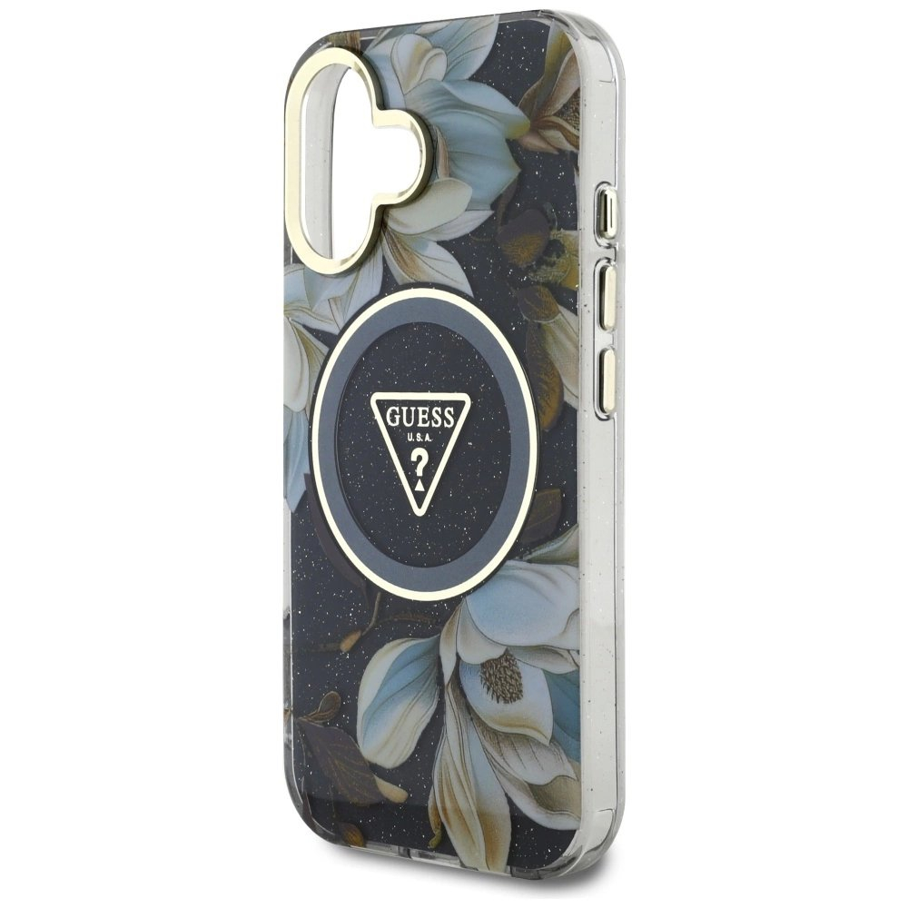 Guess Glitter Flowers Triangle Buttons MagSafe Dėklas skirtas iPhone 16 Juodas 5