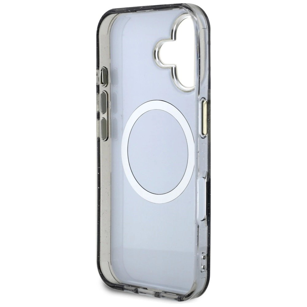 Guess Glitter Flowers Triangle Buttons MagSafe Dėklas skirtas iPhone 16 Juodas 6