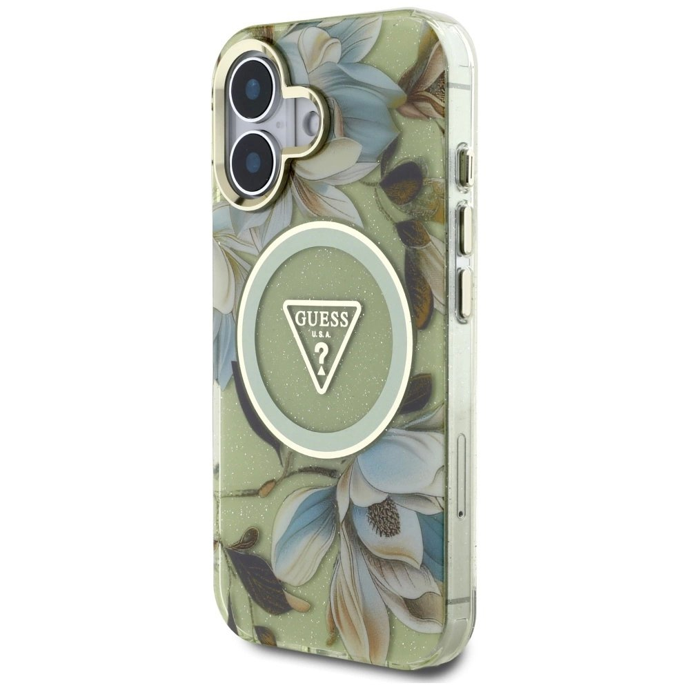 Guess Glitter Flowers Triangle Buttons MagSafe Dėklas skirtas iPhone 16 Žalias 1
