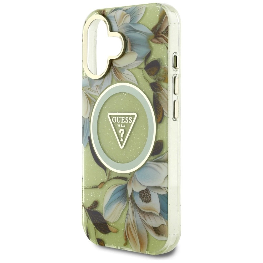 Guess Glitter Flowers Triangle Buttons MagSafe Dėklas skirtas iPhone 16 Žalias 5