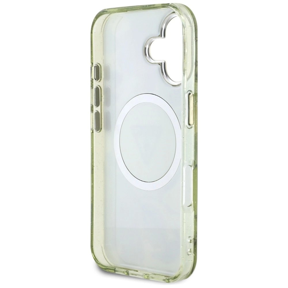 Guess Glitter Flowers Triangle Buttons MagSafe Dėklas skirtas iPhone 16 Žalias 6