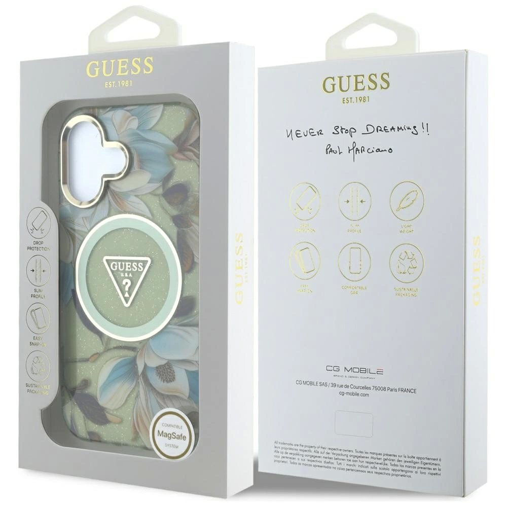 Guess Glitter Flowers Triangle Buttons MagSafe Dėklas skirtas iPhone 16 Žalias 7 Guess Glitter Flowers Triangle Buttons MagSafe Dėklas skirtas iPhone 16 Žalias 7