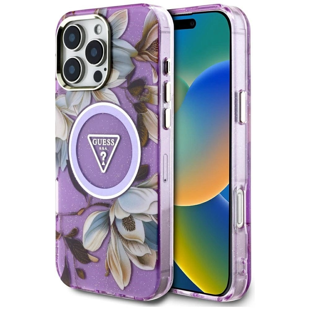 Guess Glitter Flowers Triangle Buttons MagSafe Dėklas skirtas iPhone 16 Pro Max Violetinis Guess Glitter Flowers Triangle Buttons MagSafe Dėklas skirtas iPhone 16 Pro Max Violetinis