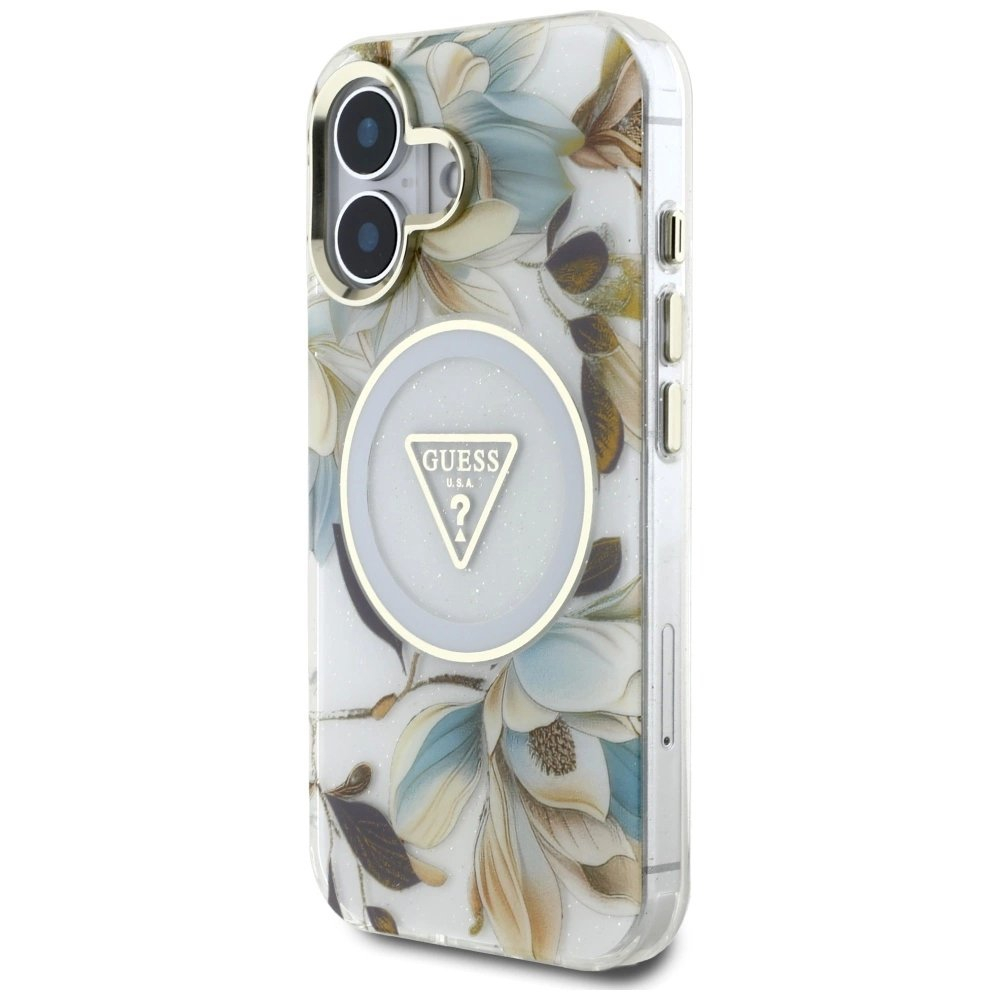 Guess Glitter Flowers Triangle Buttons MagSafe Dėklas skirtas iPhone 16 Baltas 1 Guess Glitter Flowers Triangle Buttons MagSafe Dėklas skirtas iPhone 16 Baltas 1