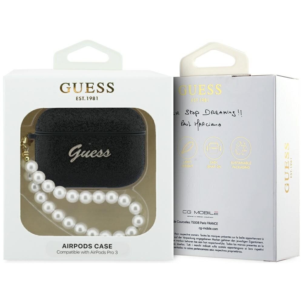 AirPods Pro 3 Guess Glitter Pearl Strap dėklas – juodas 3