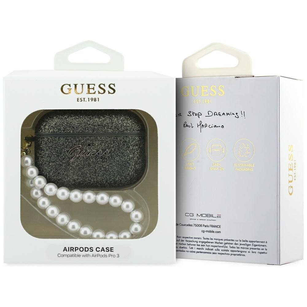 AirPods Pro 3 Guess Glitter Pearl Strap dėklas – juodas su blizgučiais 3 AirPods Pro 3 Guess Glitter Pearl Strap dėklas – juodas su blizgučiais 3