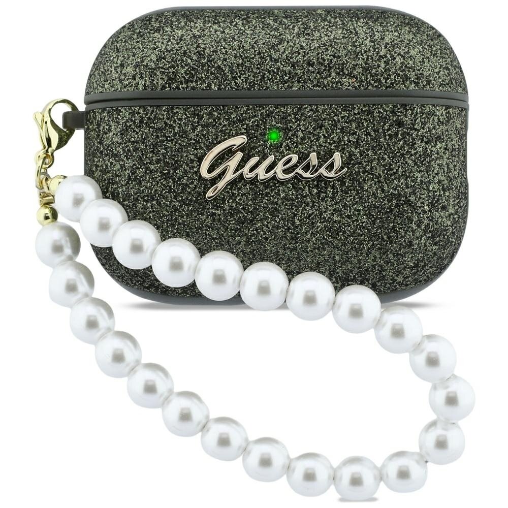 AirPods Pro 3 Guess Glitter Pearl Strap dėklas – juodas su blizgučiais AirPods Pro 3 Guess Glitter Pearl Strap dėklas – juodas su blizgučiais