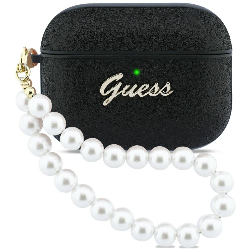 AirPods Pro 3 Guess Glitter Pearl Strap dėklas – juodas