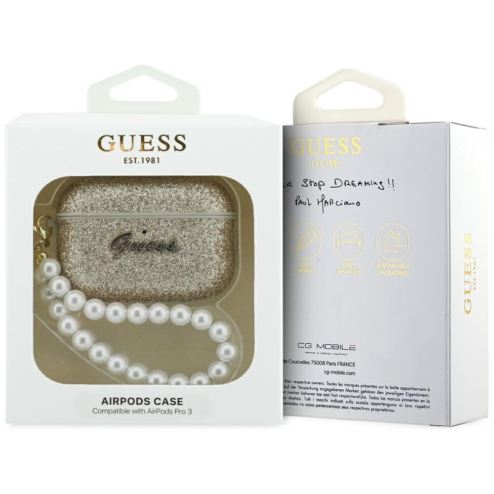 AirPods Pro 3 Guess Glitter Pearl Strap dėklas – auksinis 3 AirPods Pro 3 Guess Glitter Pearl Strap dėklas – auksinis 3