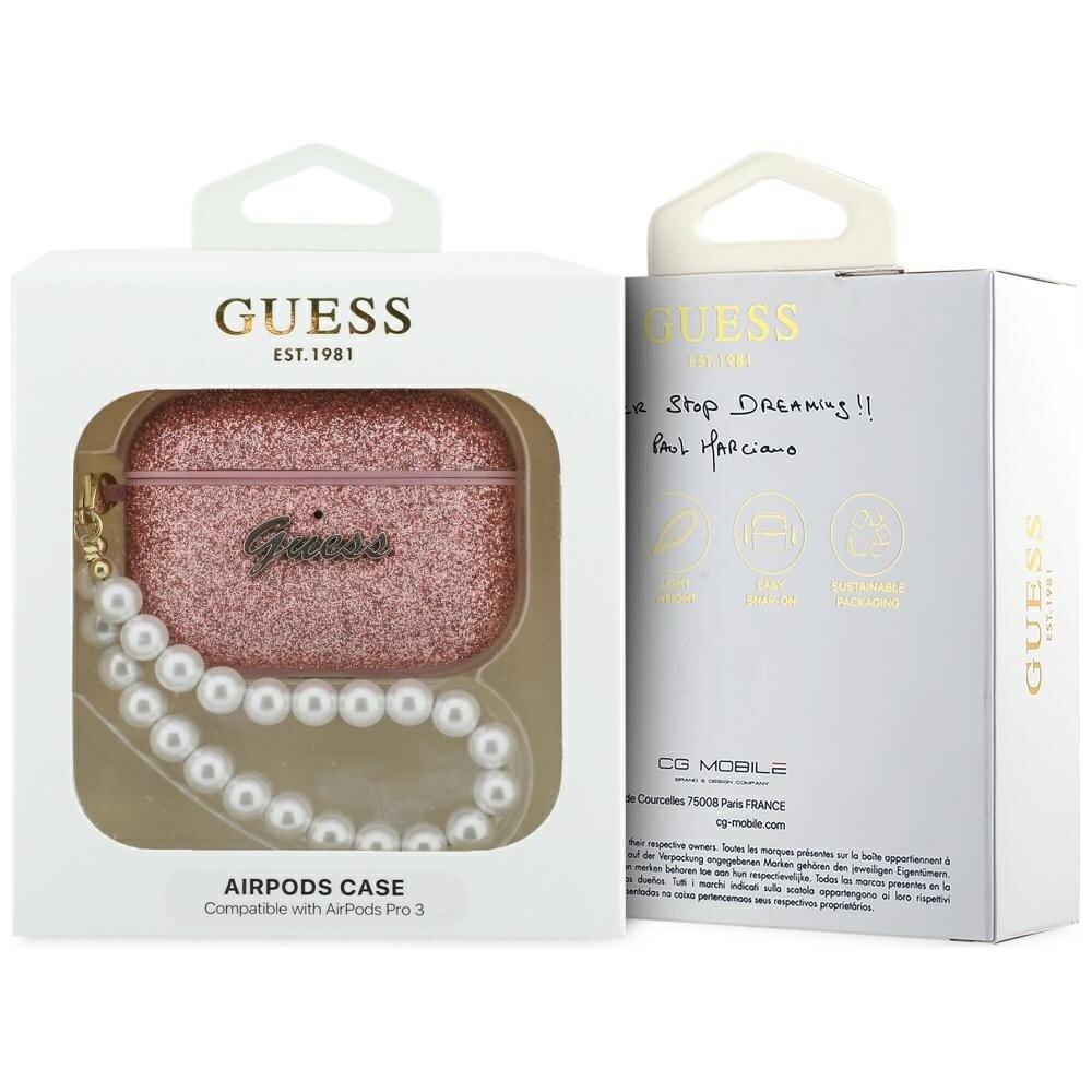 AirPods Pro 3 Guess Glitter Pearl Strap dėklas – rožinis 3 AirPods Pro 3 Guess Glitter Pearl Strap dėklas – rožinis 3