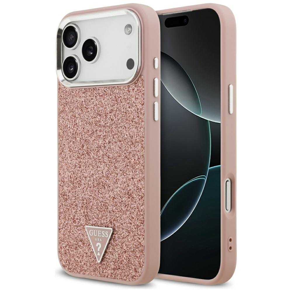 iPhone 17 Pro Max Guess Glitter Triangle Logo MagSafe dėklas – rožinis