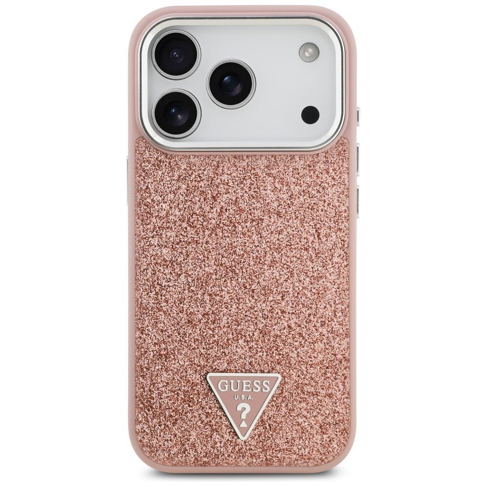 iPhone 17 Pro Guess Glitter Triangle Logo MagSafe dėklas – rožinis 2