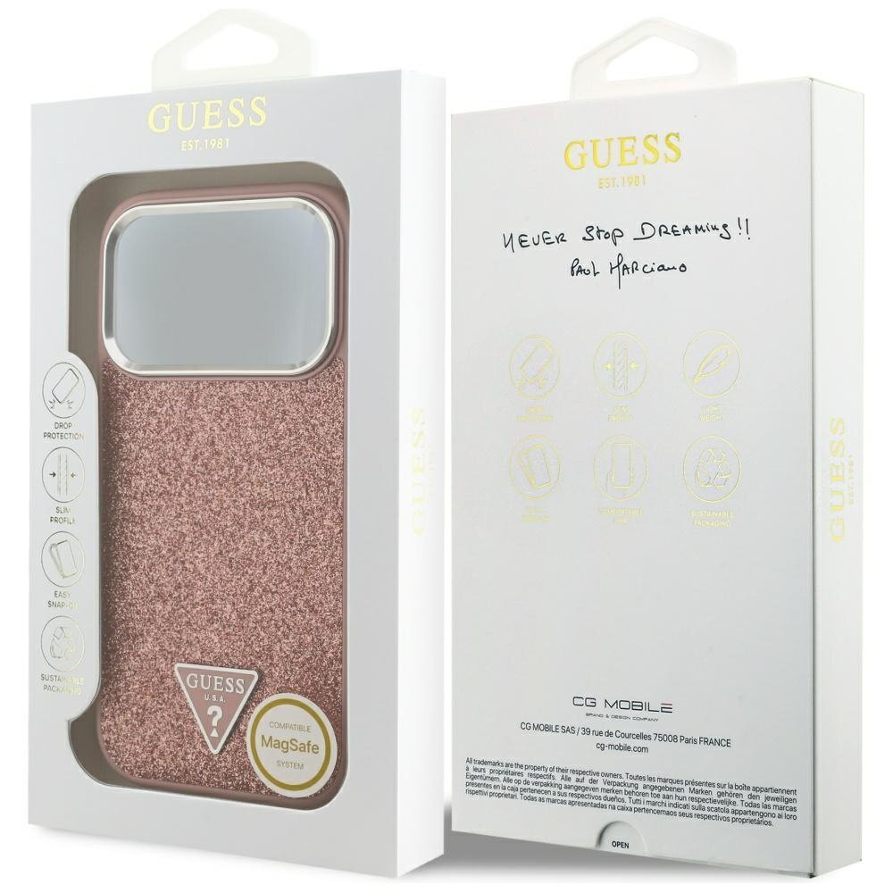 iPhone 17 Pro Guess Glitter Triangle Logo MagSafe dėklas – rožinis 7