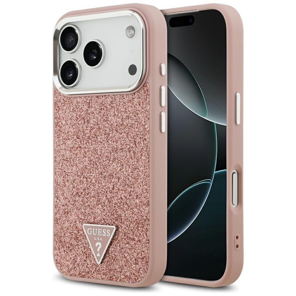 iPhone 17 Pro Guess Glitter Triangle Logo MagSafe dėklas – rožinis