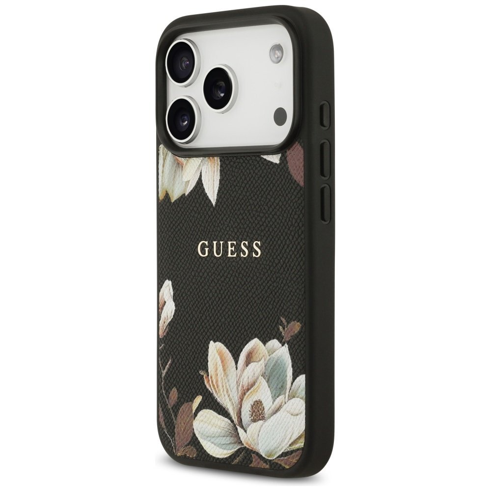 iPhone 17 Pro Guess Grained Flowers Classic Logo MagSafe dėklas – juodas 1 iPhone 17 Pro Guess Grained Flowers Classic Logo MagSafe dėklas – juodas 1