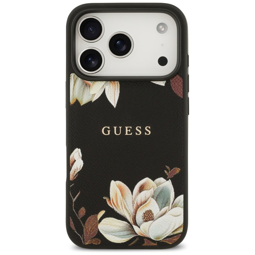 iPhone 17 Pro Guess Grained Flowers Classic Logo MagSafe dėklas – juodas 2 iPhone 17 Pro Guess Grained Flowers Classic Logo MagSafe dėklas – juodas 2