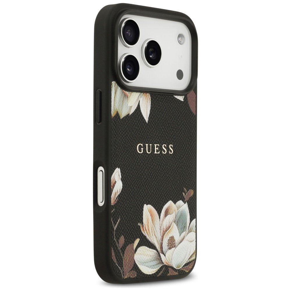 iPhone 17 Pro Guess Grained Flowers Classic Logo MagSafe dėklas – juodas 3