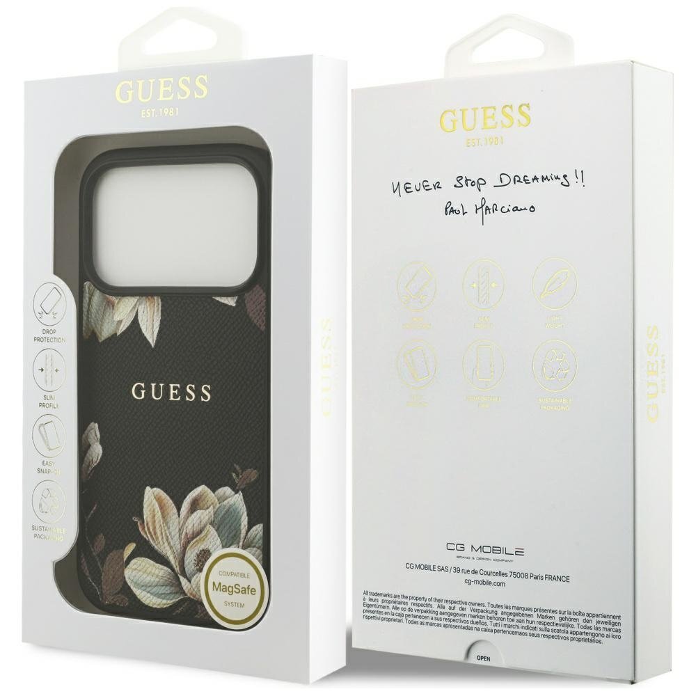 iPhone 17 Pro Guess Grained Flowers Classic Logo MagSafe dėklas – juodas 7