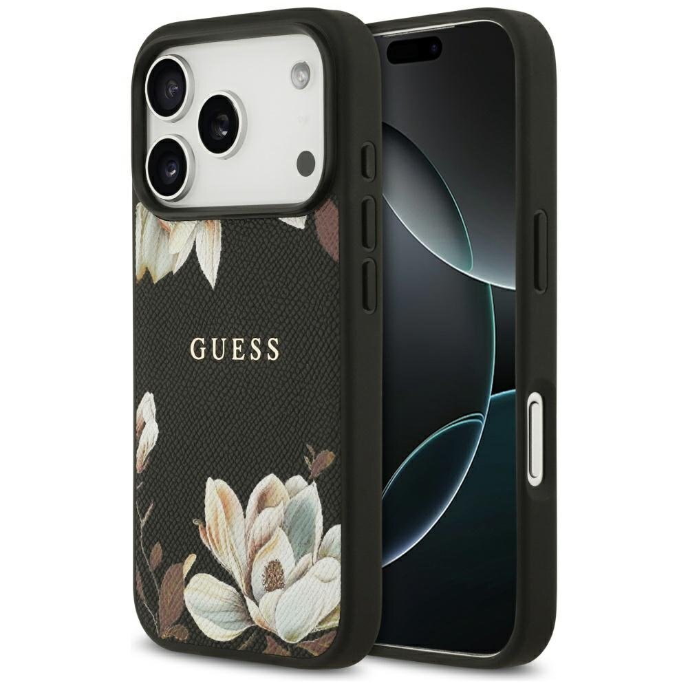iPhone 17 Pro Guess Grained Flowers Classic Logo MagSafe dėklas – juodas iPhone 17 Pro Guess Grained Flowers Classic Logo MagSafe dėklas – juodas