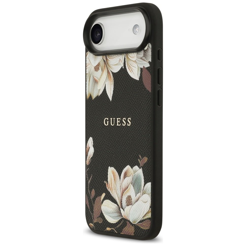 iPhone Air Guess Grained Flowers Classic Logo MagSafe dėklas – juodas 1