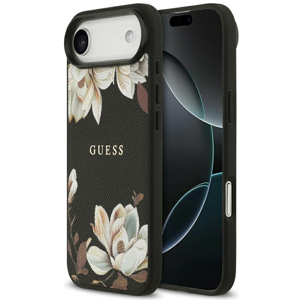 iPhone Air Guess Grained Flowers Classic Logo MagSafe dėklas – juodas iPhone Air Guess Grained Flowers Classic Logo MagSafe dėklas – juodas