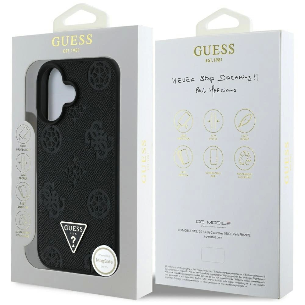 iPhone 16 Guess Grained Hot Stamp Peony Triangle Logo MagSafe dėklas - juodas 7