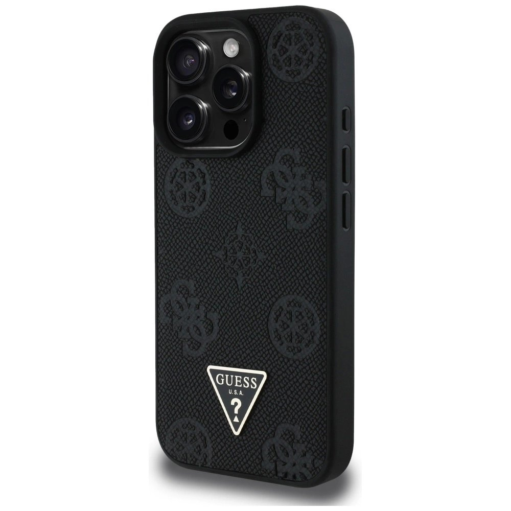 iPhone 16 Pro Guess Grained Hot Stamp Peony Triangle Logo MagSafe dėklas - juodas 1