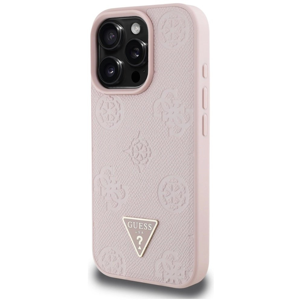 iPhone 16 Pro Guess Grained Hot Stamp Peony Triangle Logo MagSafe dėklas - rožinis 1