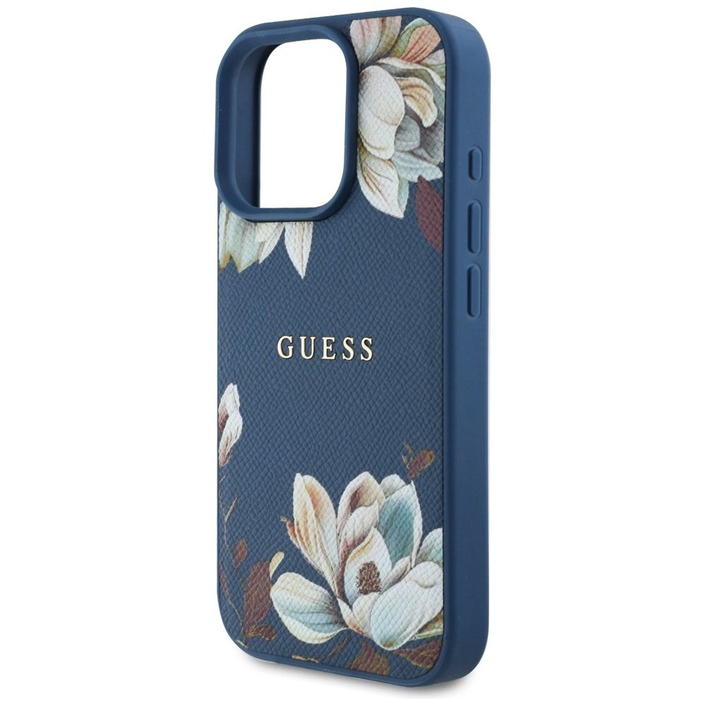 Guess Grained Printed Flower Pattern MagSafe Dėklas skirtas iPhone 16 Pro Mėlynas 5