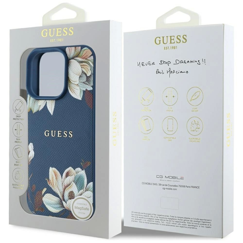 Guess Grained Printed Flower Pattern MagSafe Dėklas skirtas iPhone 16 Pro Mėlynas 7
