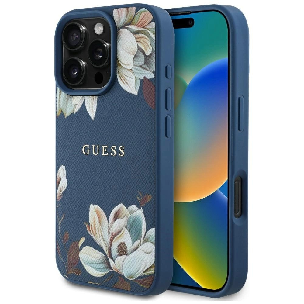 Guess Grained Printed Flower Pattern MagSafe Dėklas skirtas iPhone 16 Pro Mėlynas