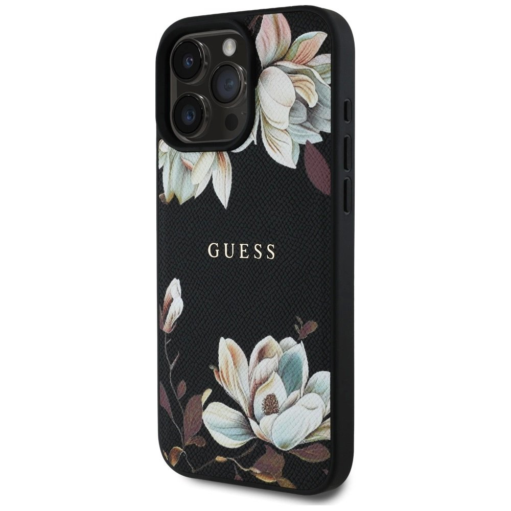 Guess Grained Printed Flower Pattern MagSafe Dėklas skirtas iPhone 16 Pro Max Juodas 1