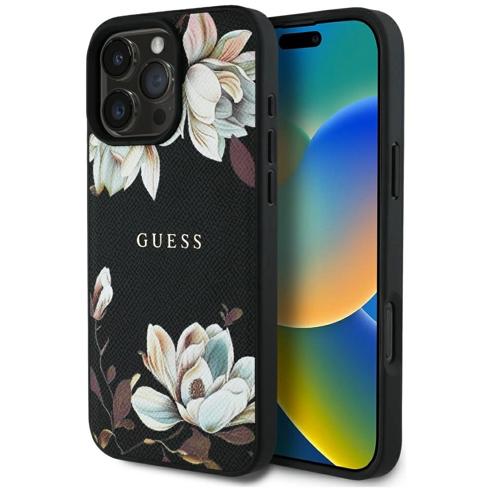 Guess Grained Printed Flower Pattern MagSafe Dėklas skirtas iPhone 16 Pro Max Juodas Guess Grained Printed Flower Pattern MagSafe Dėklas skirtas iPhone 16 Pro Max Juodas