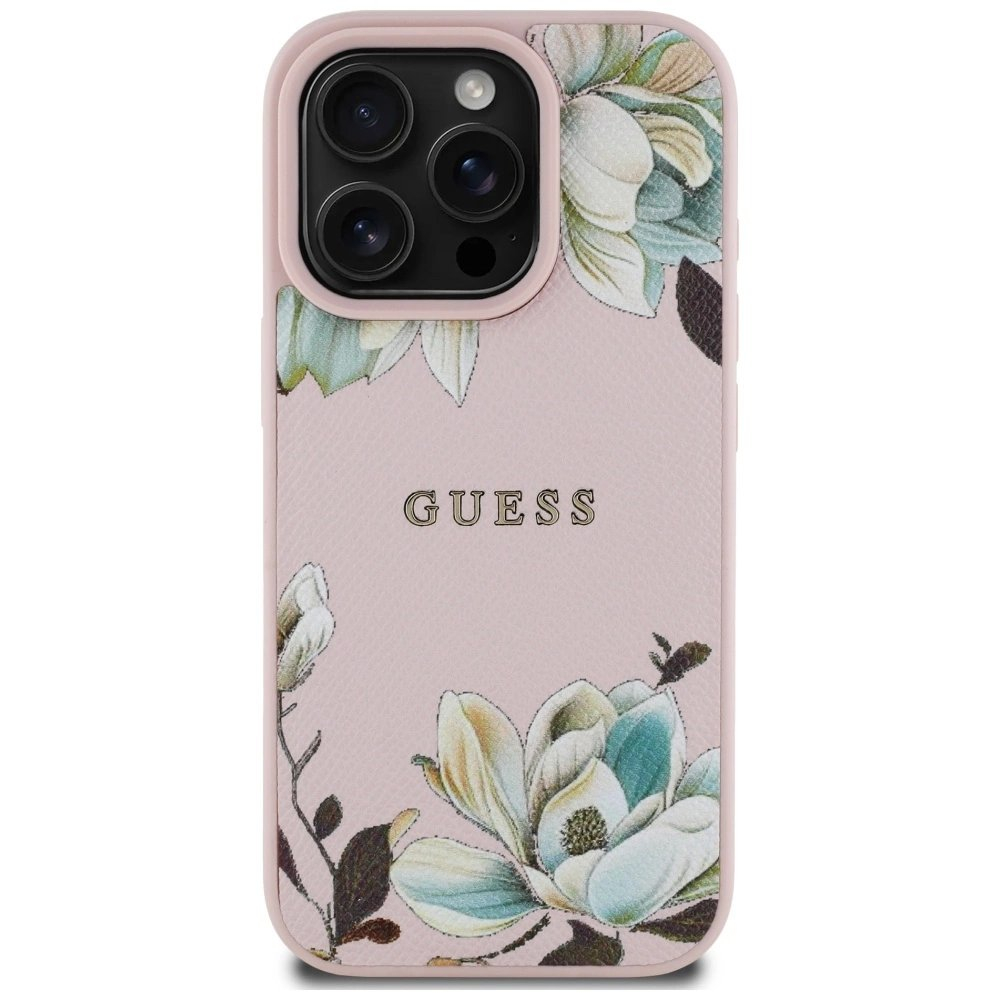 Guess Grained Printed Flower Pattern MagSafe Dėklas skirtas iPhone 16 Pro Rožinis 2