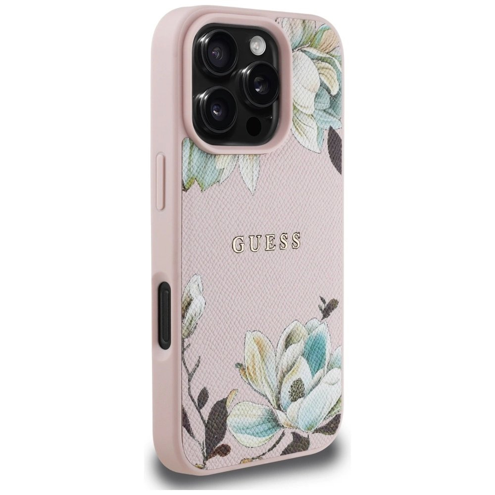 Guess Grained Printed Flower Pattern MagSafe Dėklas skirtas iPhone 16 Pro Rožinis 3