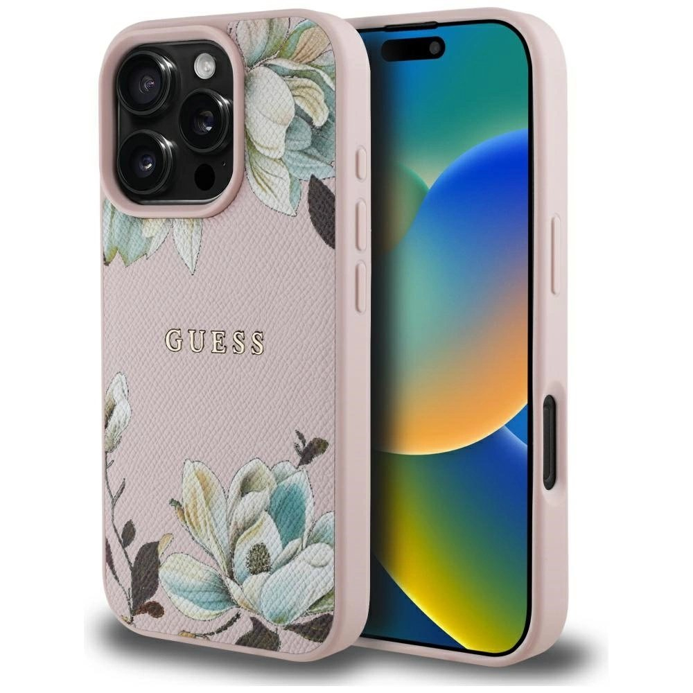 Guess Grained Printed Flower Pattern MagSafe Dėklas skirtas iPhone 16 Pro Rožinis
