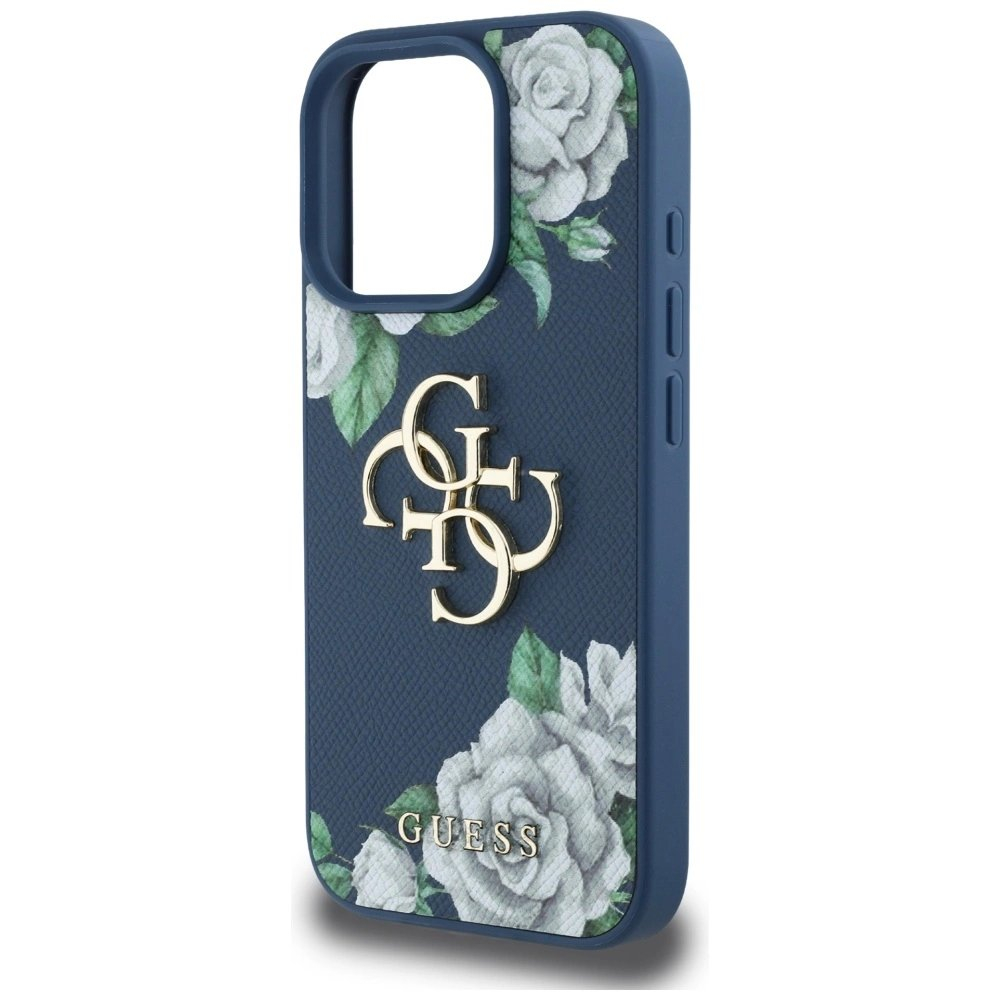 iPhone 16 Pro Guess Grained Roses Big 4G logo dėklas - mėlynas 5