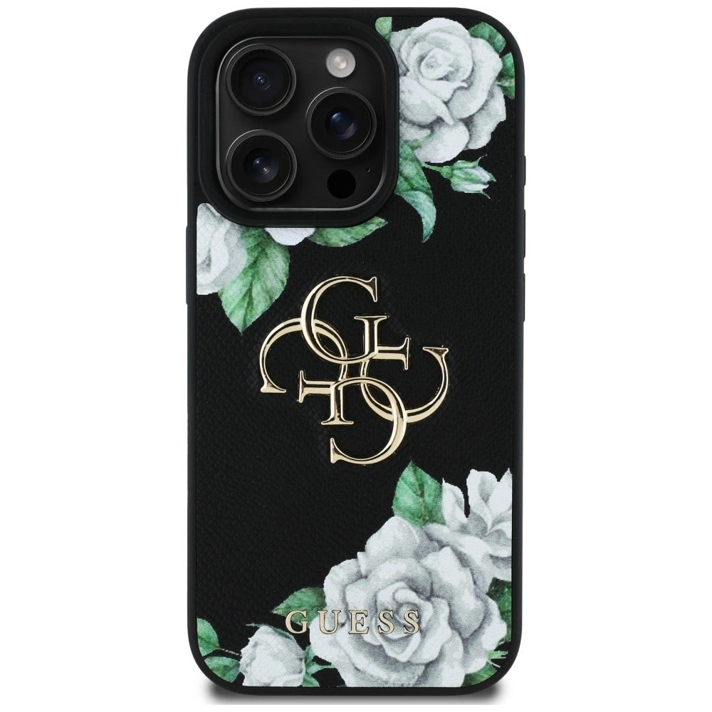 iPhone 16 Pro Guess Grained Roses Big 4G logo dėklas - juodas 2