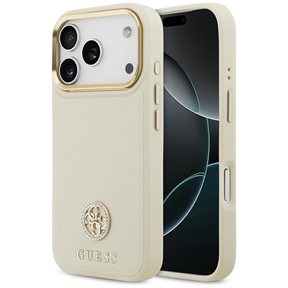 iPhone 17 Pro Guess Grained Strass Logo MagSafe dėklas – smėlinis iPhone 17 Pro Guess Grained Strass Logo MagSafe dėklas – smėlinis