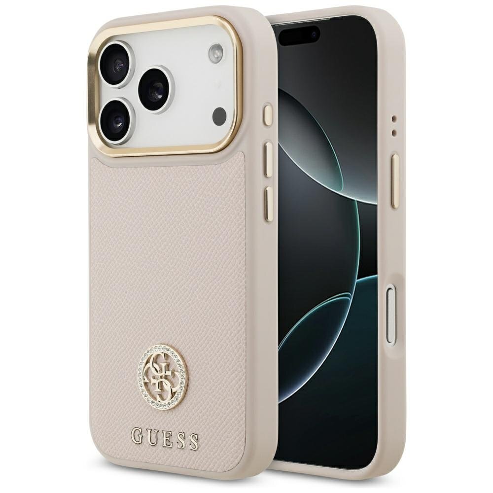 iPhone 17 Pro dėklas Guess Grained Strass Logo, MagSafe – rožinis iPhone 17 Pro dėklas Guess Grained Strass Logo, MagSafe – rožinis