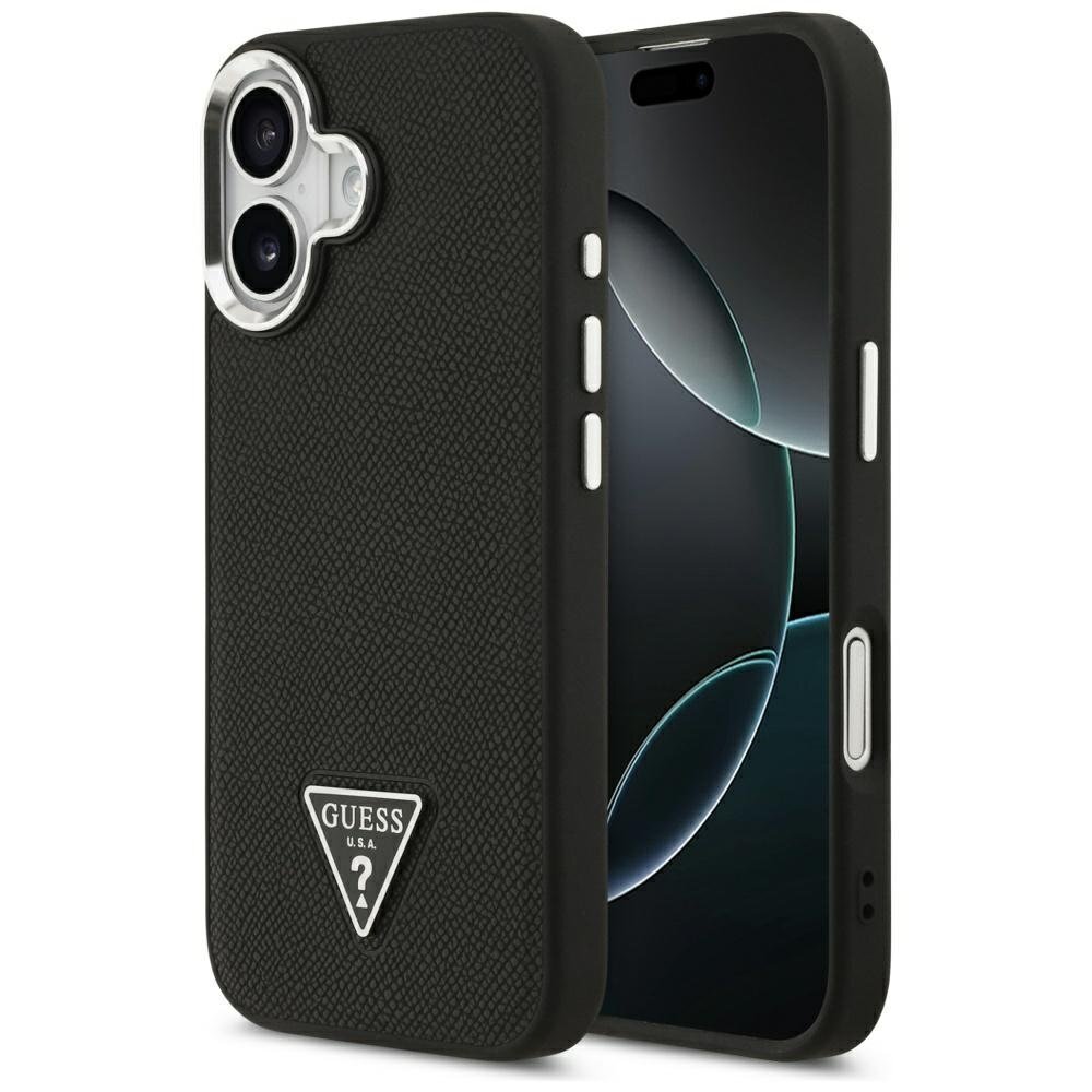 iPhone 17 Guess Grained Triangle Logo MagSafe dėklas – juodas