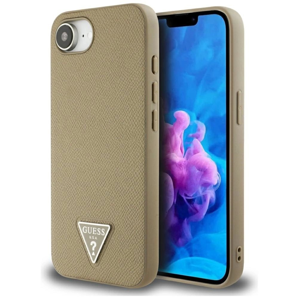Guess Grained Triangle MagSafe Dėklas skirtas iPhone 16e - Rudas Guess Grained Triangle MagSafe Dėklas skirtas iPhone 16e - Rudas